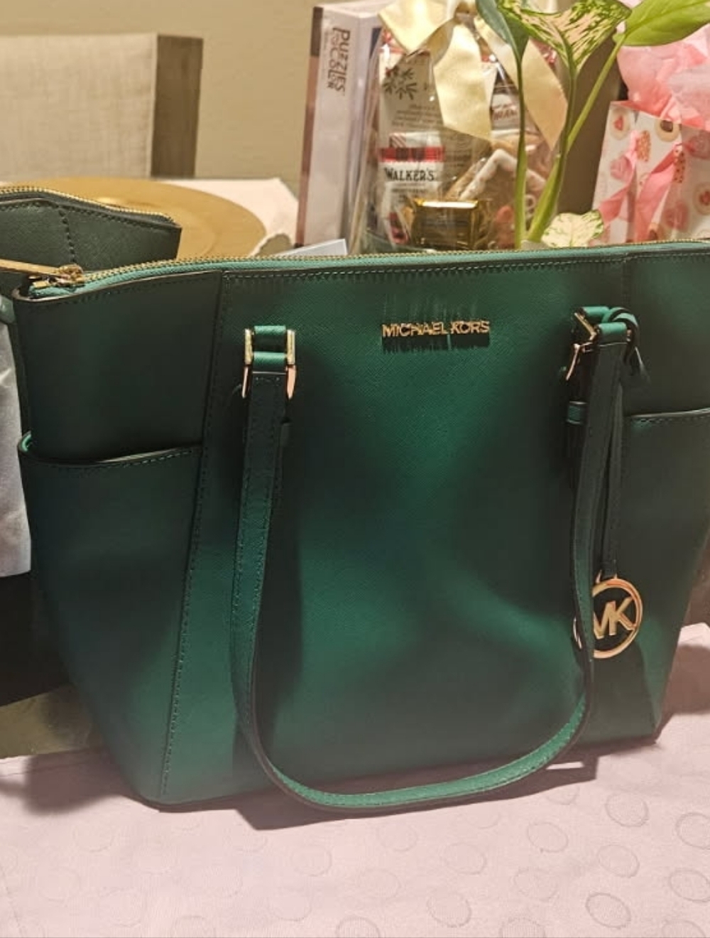 Michael Kors Green Saffiano Leather Tote with Gold Hardware
